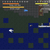 pixel art depicting a rowboat with two characters on it, navigating a river with land blocks and plastic bags in the water.