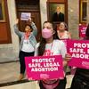 Abortion-rights supporters chant their objections at the Kentucky Capitol on April 13, 2022, in Frankfort, Ky.