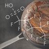 An unwashed frying pan covered in a sticky glaze. The PFAS chemical compound is overlayed.