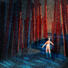 A drawing of a person on a dark, winding forest path in an almost pointillistic style. In the distance, some trees glow red from a warm light ahead.