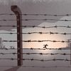 Illustration of a barbed wire fence with a stylized silhouette of a man running in the middle