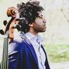 Profile of a man standing outdoors with a cello