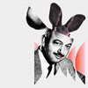Black and white image of Mel Blanc (famous voice actor) with bunny ears coming out of his head.