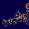 an abstract multi-colored illustration of a man playing a trumpet. they are comprised of dozens of different colored, swirly lines