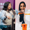 three images side by side, each of different people. from left to right: a woman on stage smiling, pointing, and holding a microphone, a woman smiling in a lab coat pouring colored liquids from two sc