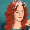 An illustrated portrait of Blues and Country music star Bonnie Raitt holding an electric guitar.