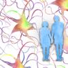A watercolor painting of two figures holding hands, facing a web of colorful multicolor neurons.