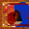 A collage of the character of Monostatos is bordered by vibrant blue and red leaf. 
