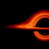 a computer rendering of a black hole showing the intense bend of orange-shaded gas curving in a ring-like shape of a large ominous black space. there is no escape