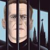 An illustrated portrait of Russian opposition leader Alexey Navalny with prison bars in front of him, obscuring some of his face and in the background, figures of buildings. 