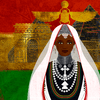 Princess Aida is centered, surrounded by black, red, green, and gold pyramids and royal structures. Above her head is a regally placed gold scarab. 