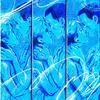A four image sequence drawn in blue of a man and a woman leaning in for a kiss. 