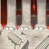 An abstract illustration of the front steps of a generic state capitol building, with the pillars crushed, replaced by long elephant legs.