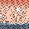 An abstract illustration of a fence on the southern border with a desert landscape and sunset behind it. Woven in the fence are three silhouettes representing a family crossing the border.