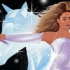 An abstract illustration of pop-star Beyonce, wearing a sparkling purple dress and posing like she's on stage, with an illustration of a sparkling horse behind her. 