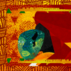 A collage of the character of Monostatos is bordered by vibrant red and gold leaf. His face is represented by a stoic silhouette, while a mask slowly slipping from concealing him.