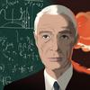 An illustrated portrait of nuclear scientist J. Robert Oppenheimer, with white hair and blue eyes, wearing a black suit, with an abstract illustrations of scientific formulas and a mushroom cloud. 