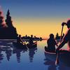 An illustrated image of two canoes, each with two silhouetted figures, paddling toward a tree-lined horizon on a lake.