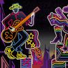 An abstract illustration of a neon signs marking venues on a Nashville street, on the left is a cowboy figure playing a guitar, and on the right figures in drag and rainbow flags.