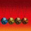 An abstract illustration of five orbs in a newton's cradle, made to look like planet earth, the orbs go from blue to red and the reddest one on the right is swinging toward the others.