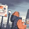 An illustration of a houseless person, wearing an orange hoodie and black vest, looking up at a building that houses people in need.