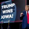Republican presidential candidate former President Donald Trump takes the stage at a caucus night party in Des Moines, Iowa, Monday, Jan. 15, 2024. 