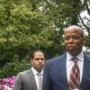 NEW YORK, NEW YORK - SEPTEMBER 26: New York City Mayor Eric Adams stands with his lawyer Alex Spiro (R) who delivered remarks to the press on September 26, 2024 in New York City. 