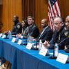 Mayor Eric Adams (C) and NYPD (New York City Police Department) executives hold briefing on security preparations in advance of Former President Trump's rally at 1 Police Plaza.