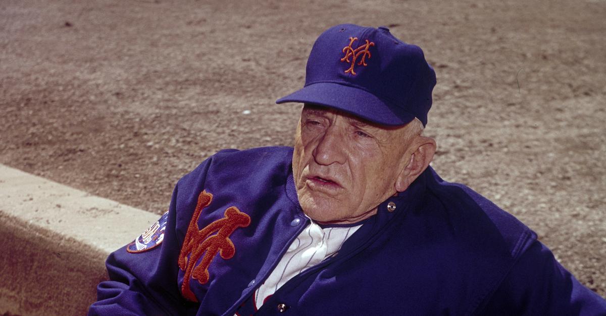 Casey Stengel, full-length portrait, wearing sunglasses, while