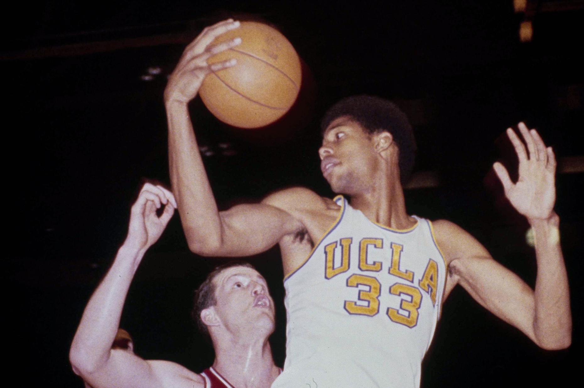 Early publicity still of basketball star Kareem Abdul Jabbar who was then  still called Lew Alcindor with the Milwaukee Bucks. Jabbar played his  college ball at UCLA and later was a star