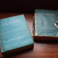 The first edition of Ulysses (left), published in Paris in February of 1922 (the Burns copy is no. 773 of 1000). On the right is the first English edition, which was published in October of same year