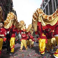 Pupeteers carry two traditional Chinese dragons at the Lunar New Year parade in Chinatown, NY.