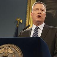 Mayor Bill de Blasio speaks at a press conference about Myls Dobson on January 17th.
