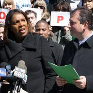 NYC Public Advocate Letitia James addresses a crowd of environmental advocates pushing to eradicate plastic bag use in the city.