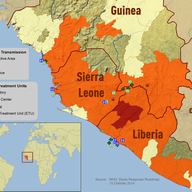 Map of the distribution of the Ebola virus epidemic in Guinea, Liberia, and Sierra Leone as of 3 October 2014.