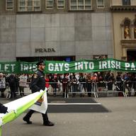 Irish gay rights activists and supporters protest against the exclusion of Irish gay groups from marching in the St. Patrick's Day Parade as it makes its way up 5th Avenue on March 17, 2015 in NYC.