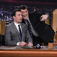 Stephen Colbert visits 'The Tonight Show' with Jimmy Fallon. Next year, Colbert will take over hosting for The Late Show.