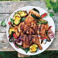 Chicken under a brick with grilled avocados and chiles 