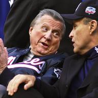 New York City Mayor Rudy Giuliani, right, talks with New York Yankees owner George Steinbrenner October 30, 2000 after the Yankees'' victory parade in New York City.