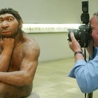 A photographer taking pictures of the Neanderthal man ancestor's reconstruction, displayed in a show of the Prehistoric Museum in Halle, eastern Germany.