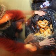 Cindy Rosin, who calls herself a 'Freegan', opens a garbage bag filled with bagels outside a bagel shop 11 December, 2007 in New York.