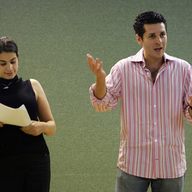 Maysoon Zayid, left, and Dean Obeidallah, co-founders of the Arab-American Comedy Festival, perform together Friday Nov. 4, 2005, in New York.