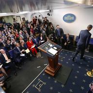 President Barack Obama walks away from the podium at the conclusion of his final presidential news conference, Wednesday, Jan. 18, 2017.