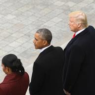 Former President Barack Obama and his wife Michelle Obama stand with President Donald Trump and his wife Melania Trump on the East front of the Capitol Hill in Washington, Friday, Jan. 20, 2017.