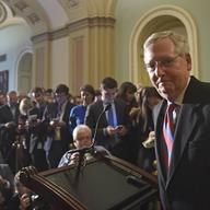 Senate Majority Leader Mitch McConnell of Ky., finishes speaking to reporters on Capitol Hill in Washington, Tuesday, Dec. 5, 2017, following the Republican's weekly policy luncheon.