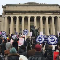 In this Feb. 1, 2018 photo, demonstrators advocate for a union at Columbia University in New York.