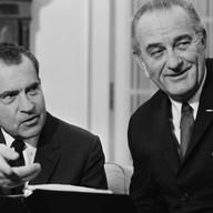 President Lyndon B. Johnson and President-elect Richard Nixon confer in Johnson's White House office on Dec. 12, 1968. 