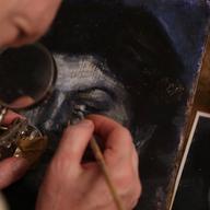 Mark Landis at home and at work on a “Picasso,” from the documentary 'Art & Craft