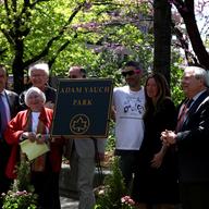 Beastie Boy Adam Horovitz (Ad-Rock), and the parents of the late rapper MCA at parks naming ceremony in Brooklyn Heights.