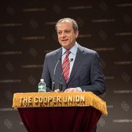Preet Bharara speaking at Cooper Union on April 6, 2017.